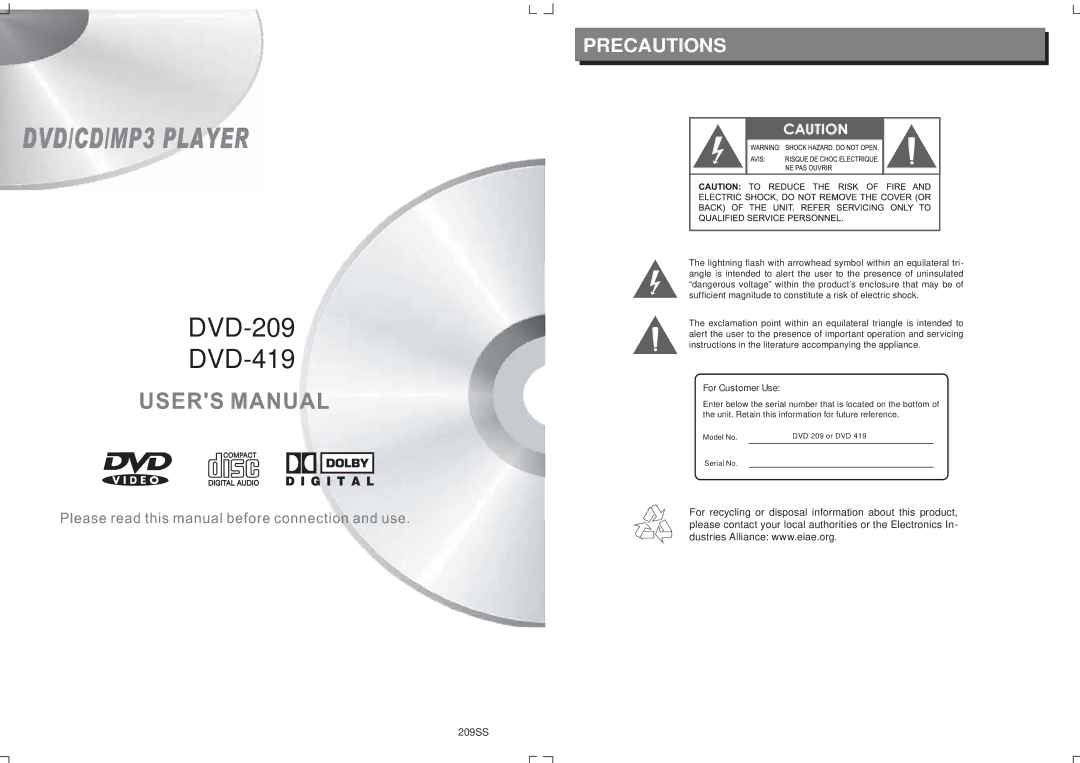 COBY electronic 209SS, 907-DVD2-0912-00R manual DVD-209 DVD-419, For Customer Use 