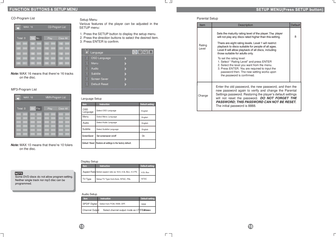 COBY electronic DVD-209, 907-DVD2-0912-00R, 209SS manual CD-Program List, MP3-Program List, Setup Menu, Parental Setup 