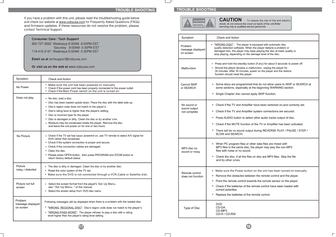 COBY electronic 907-DVD2-0912-00R, 209SS, DVD-209 manual Consumer Care / Tech Support 