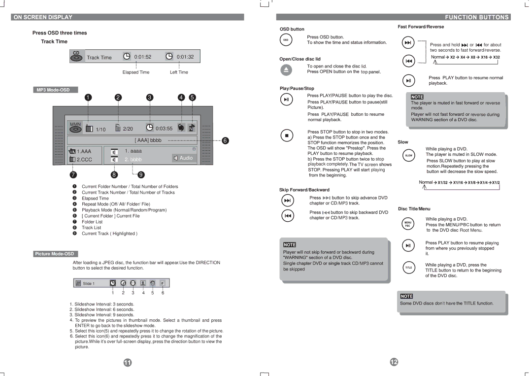 COBY electronic 907-DVD2-0912-00R Press OSD three times Track Time, OSD button Open/Close disc lid, Skip Forward/Backward 