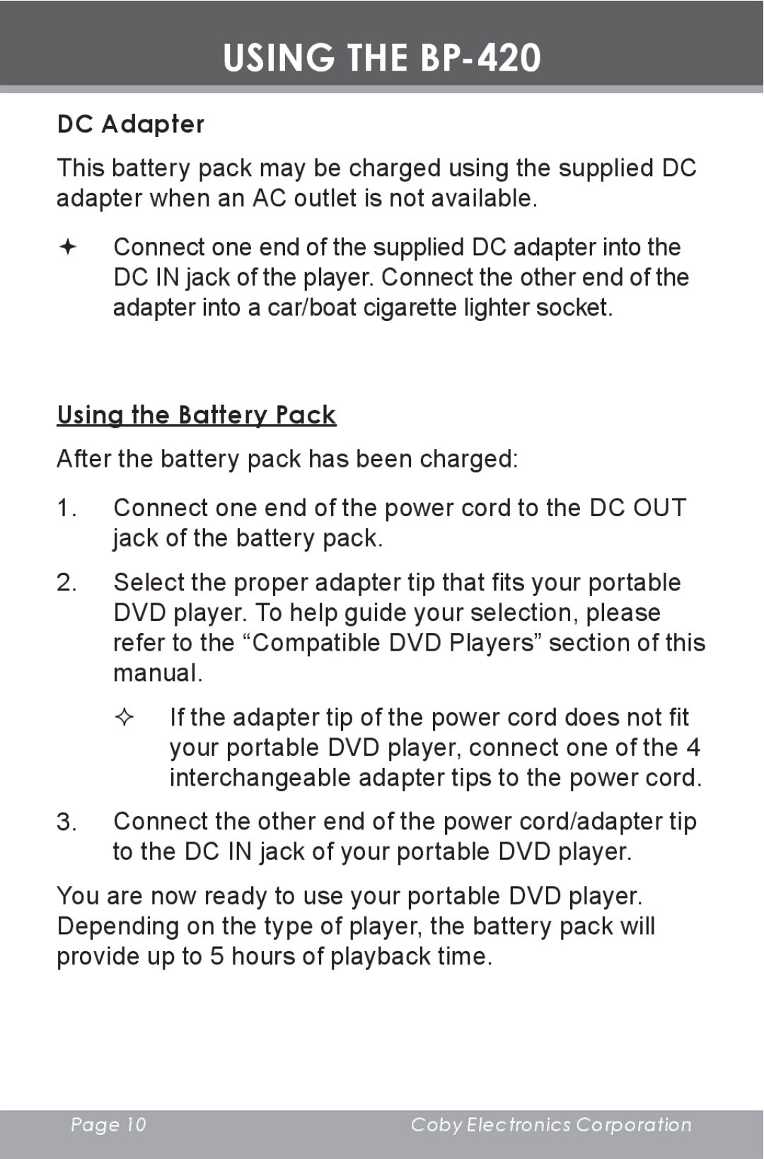 COBY electronic BP420 instruction manual DC Adapter 