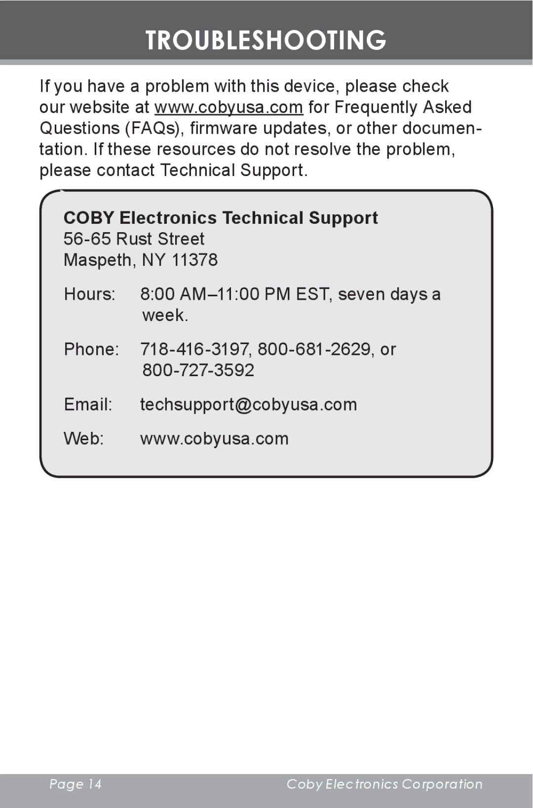 COBY electronic BP420 instruction manual Troubleshooting, Coby Electronics Technical Support 