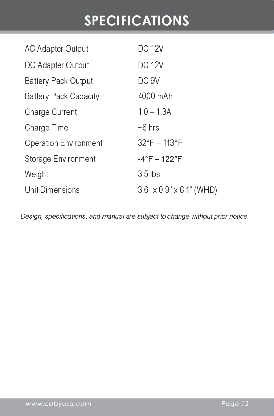 COBY electronic BP420 instruction manual Specifications, Weight Lbs Unit Dimensions 