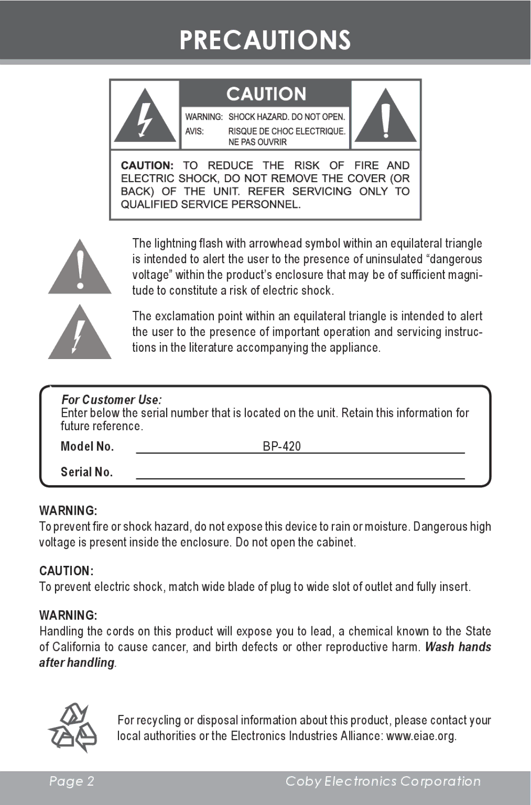 COBY electronic BP420 instruction manual Precautions, For Customer Use 