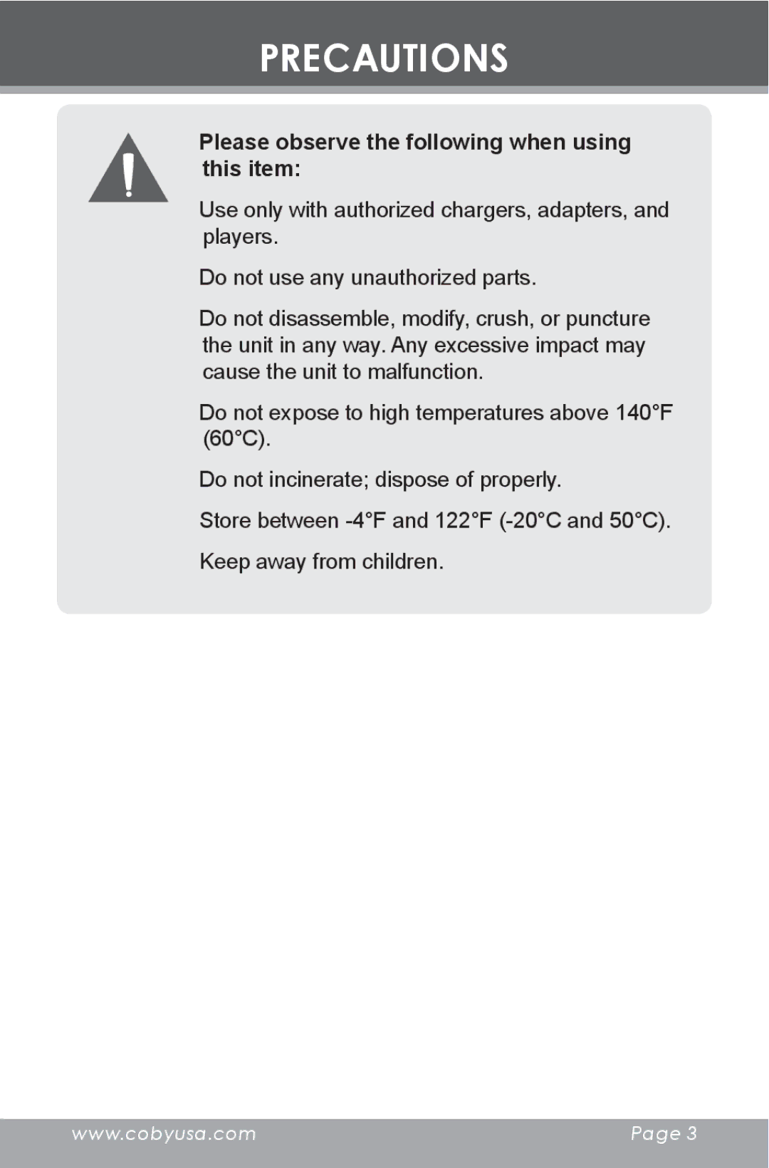 COBY electronic BP420 instruction manual Please observe the following when using this item 