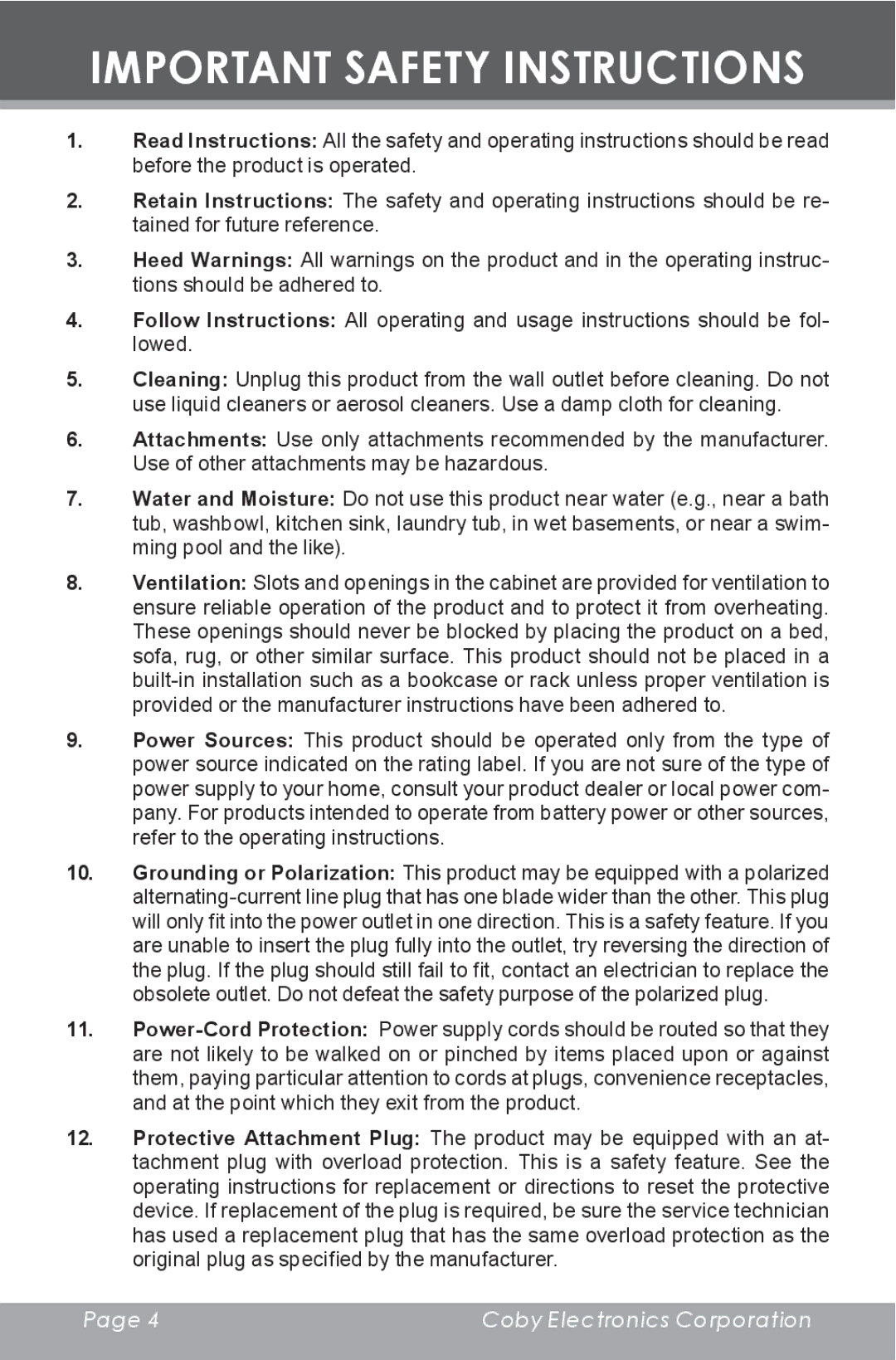 COBY electronic BP420 instruction manual Important Safety Instructions 