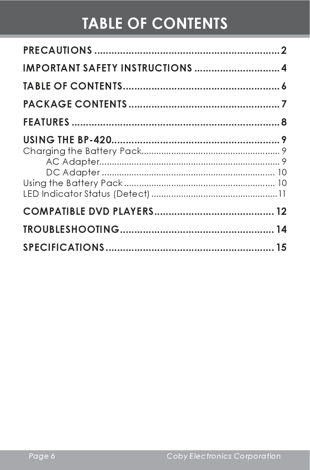 COBY electronic BP420 instruction manual Table of Contents 