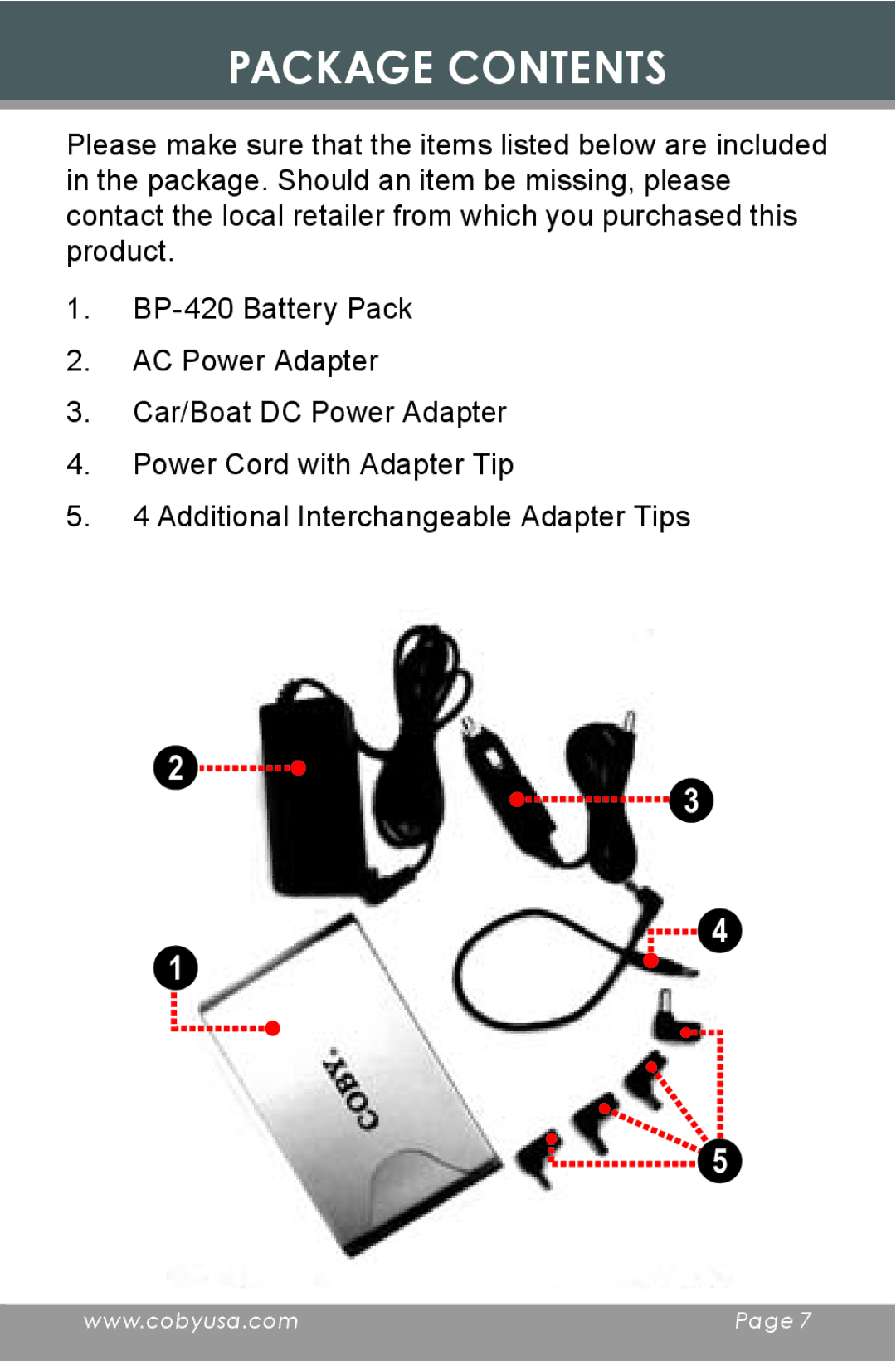 COBY electronic BP420 instruction manual Package Contents 