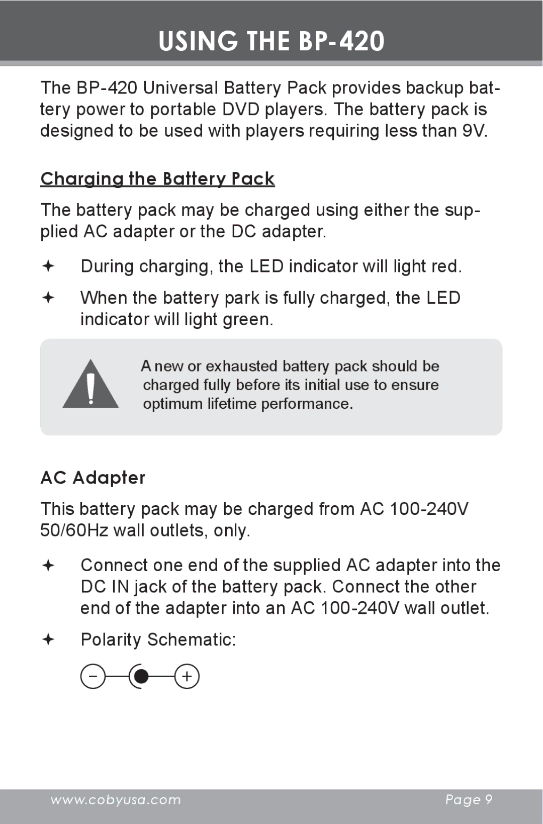 COBY electronic BP420 instruction manual Using the BP-420, Charging the Battery Pack 