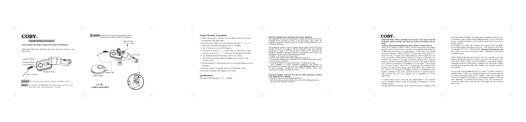 COBY electronic CA-745 specifications Using a Wireless Transmitter, Specifications 