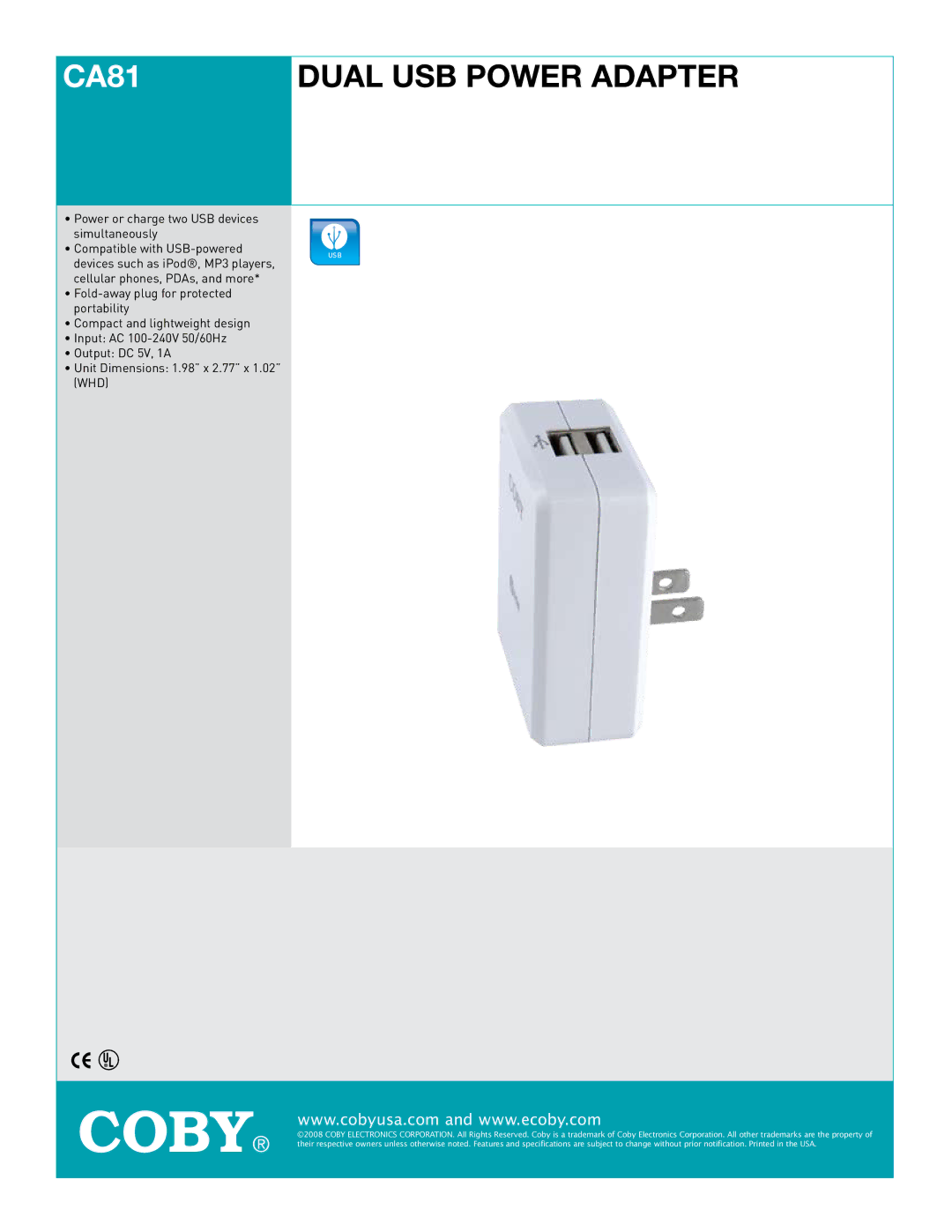 COBY electronic CA81 dimensions Dual USB Power Adapter, Power or charge two USB devices simultaneously 