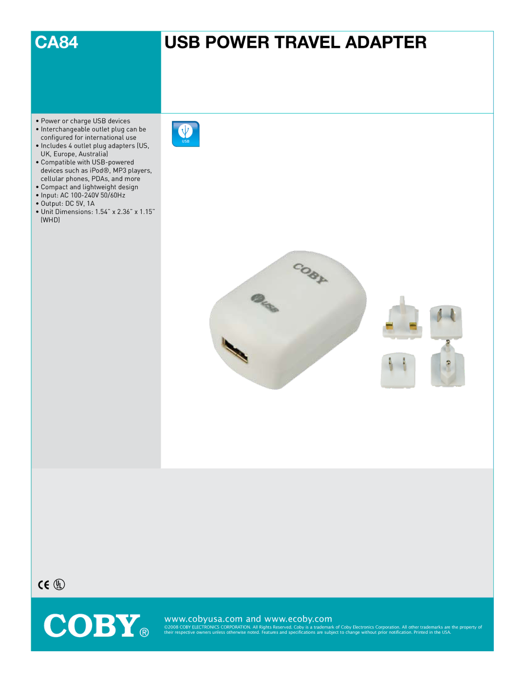 COBY electronic CA84 dimensions USB Power Travel Adapter 