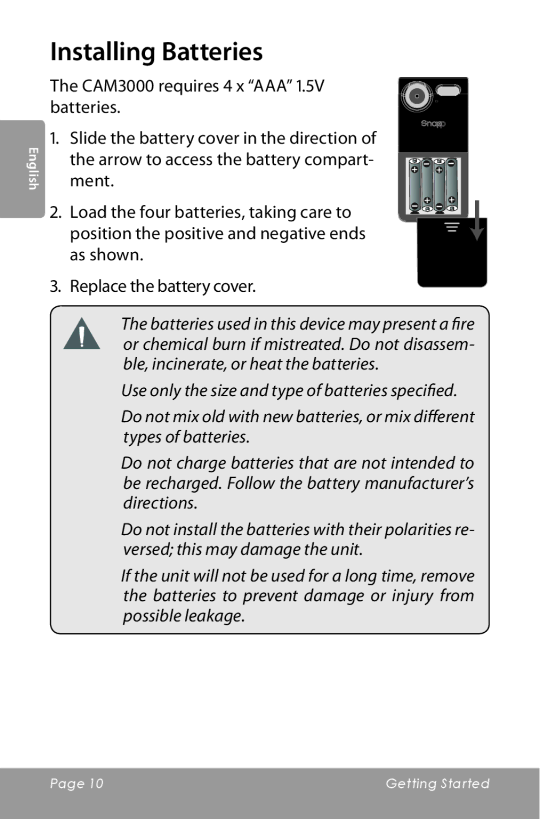 COBY electronic CAM3000 instruction manual Installing Batteries 