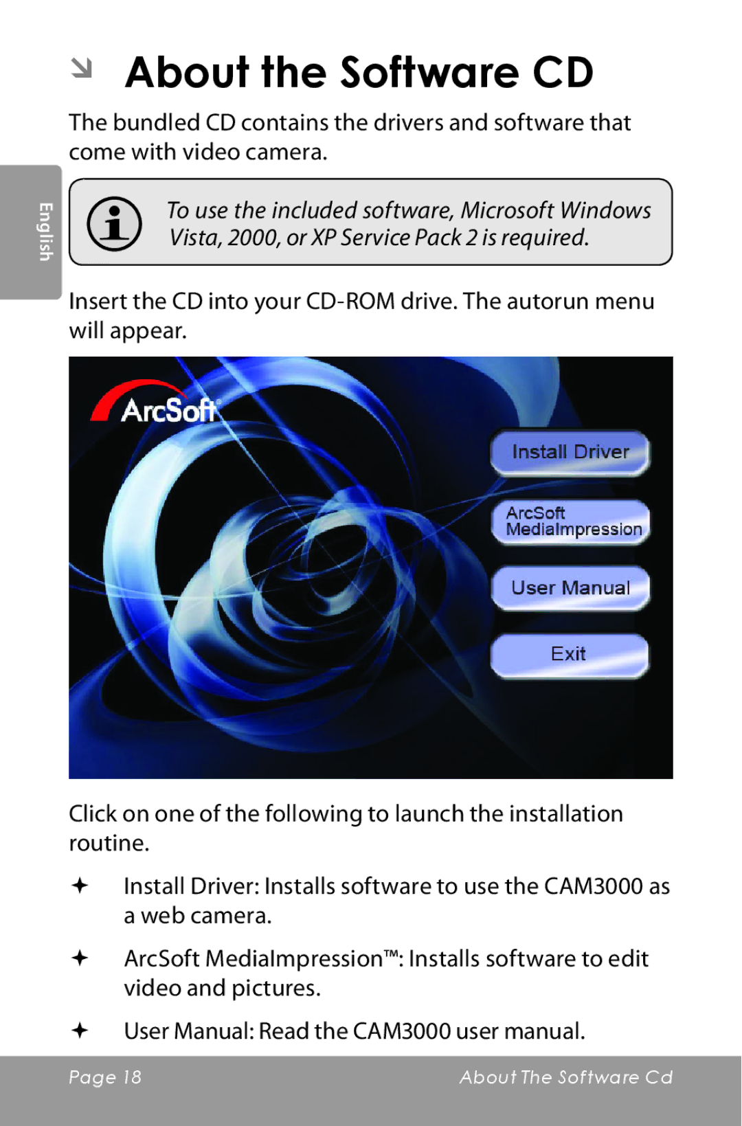 COBY electronic CAM3000 instruction manual ÂÂ About the Software CD 