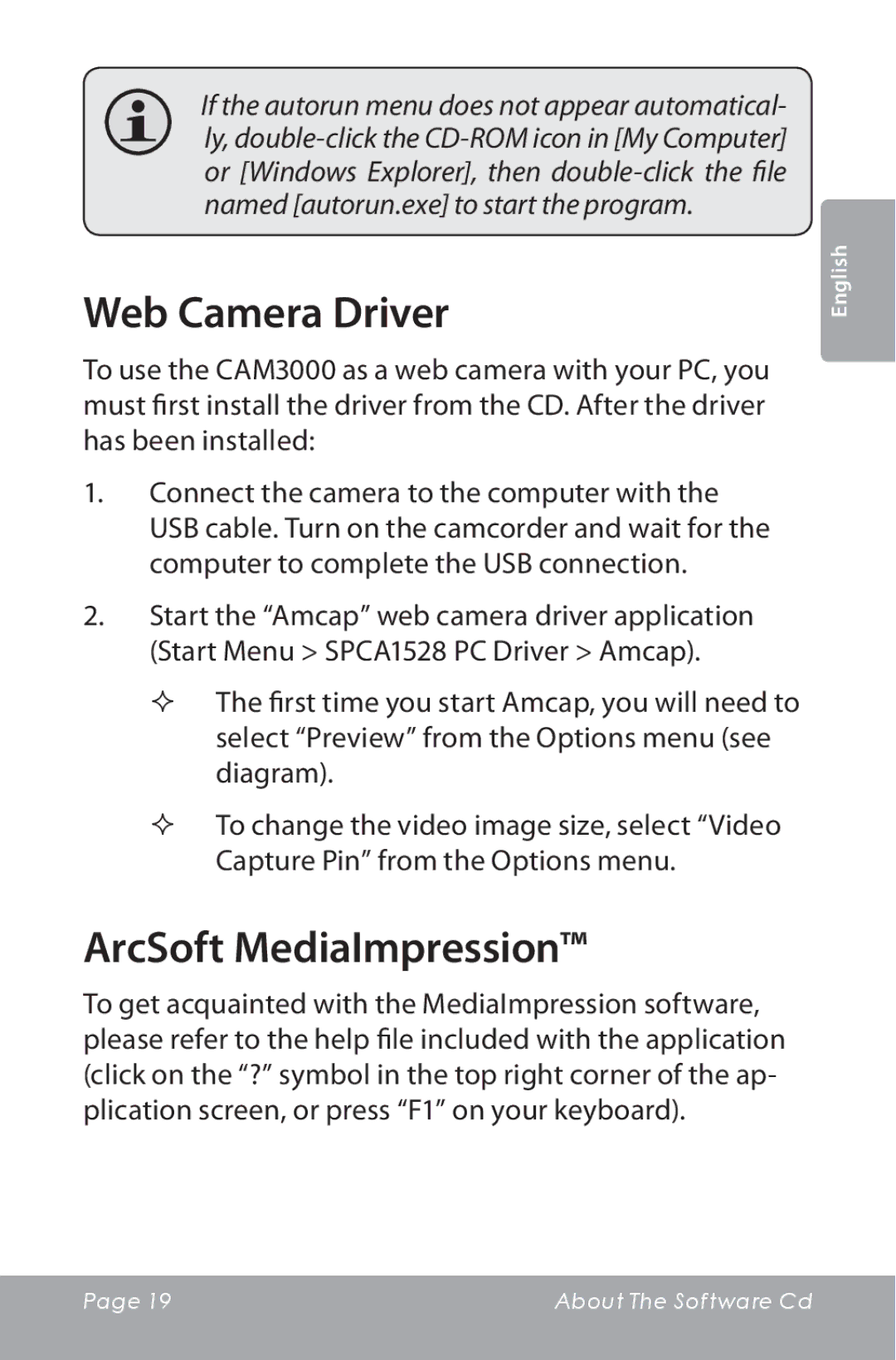 COBY electronic CAM3000 instruction manual Web Camera Driver, ArcSoft MediaImpression 