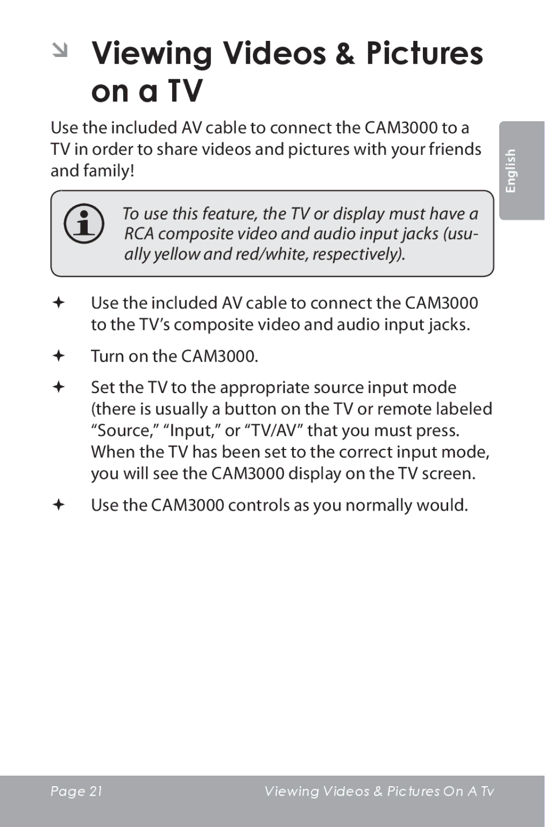 COBY electronic instruction manual ÂÂ Viewing Videos & Pictures on a TV,  Turn on the CAM3000 