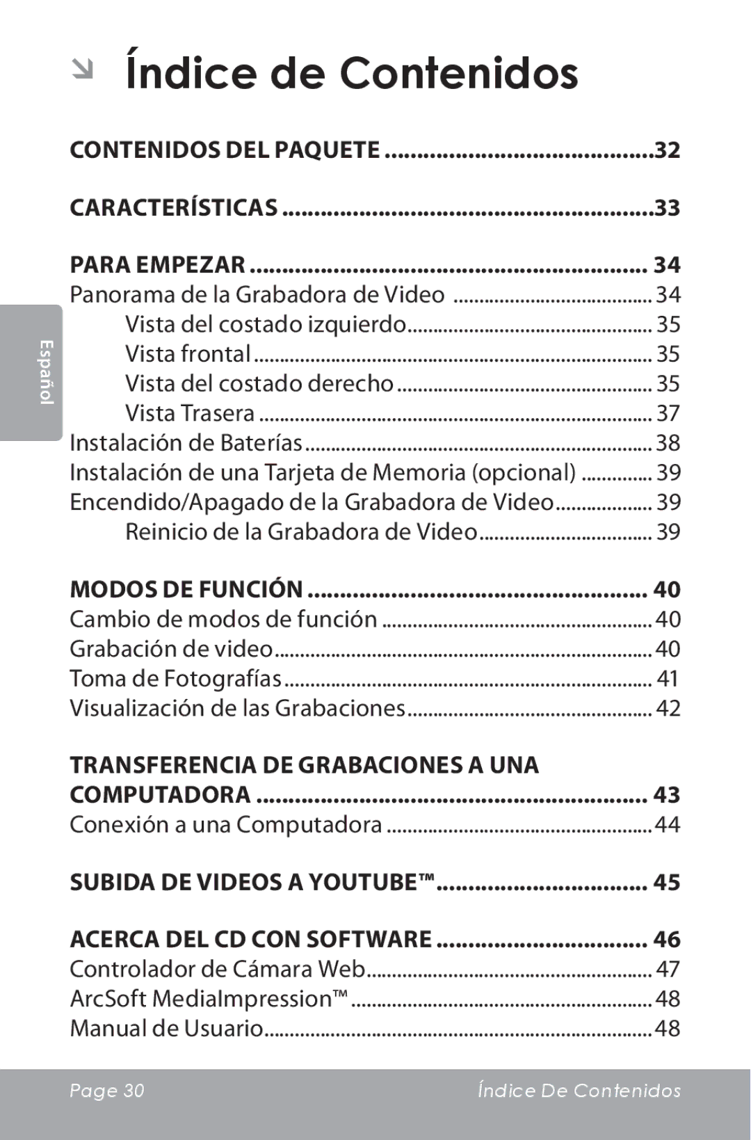 COBY electronic CAM3000 instruction manual ÂÂ Índice de Contenidos, Contenidos del Paquete Características 