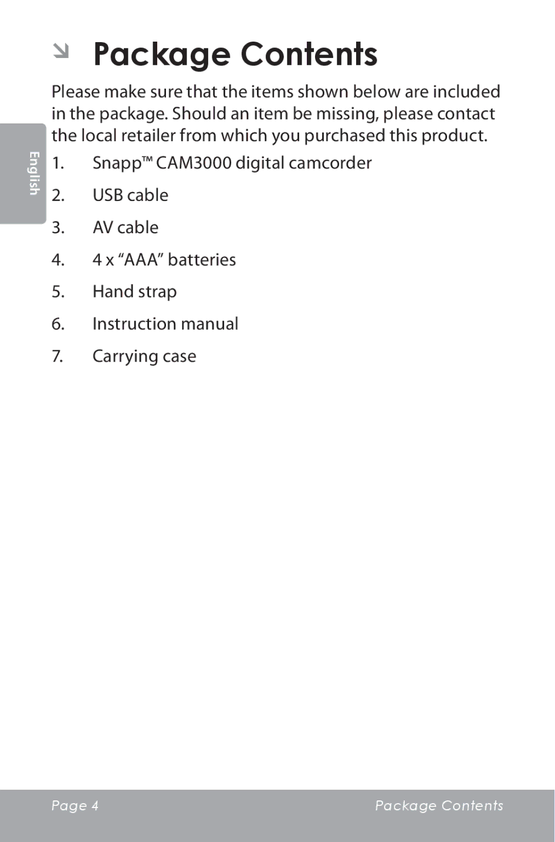 COBY electronic CAM3000 instruction manual ÂÂ Package Contents 