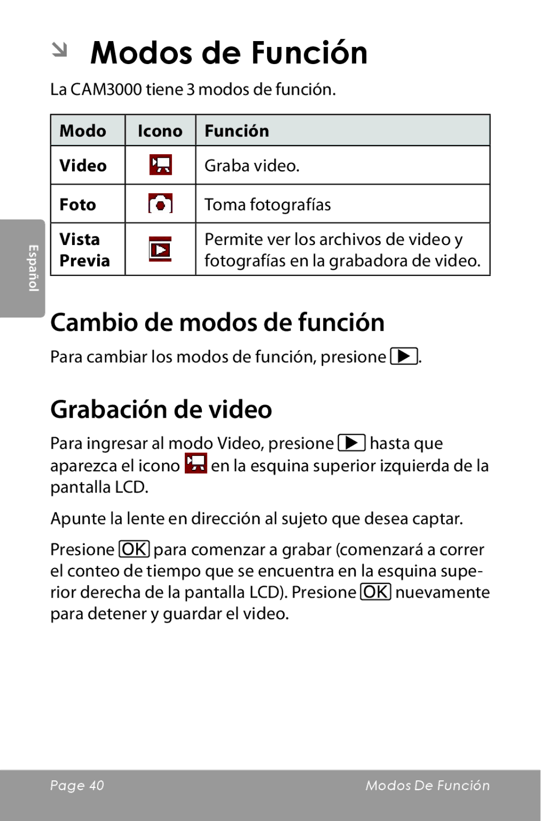 COBY electronic CAM3000 instruction manual ÂÂ Modos de Función, Cambio de modos de función, Grabación de video 