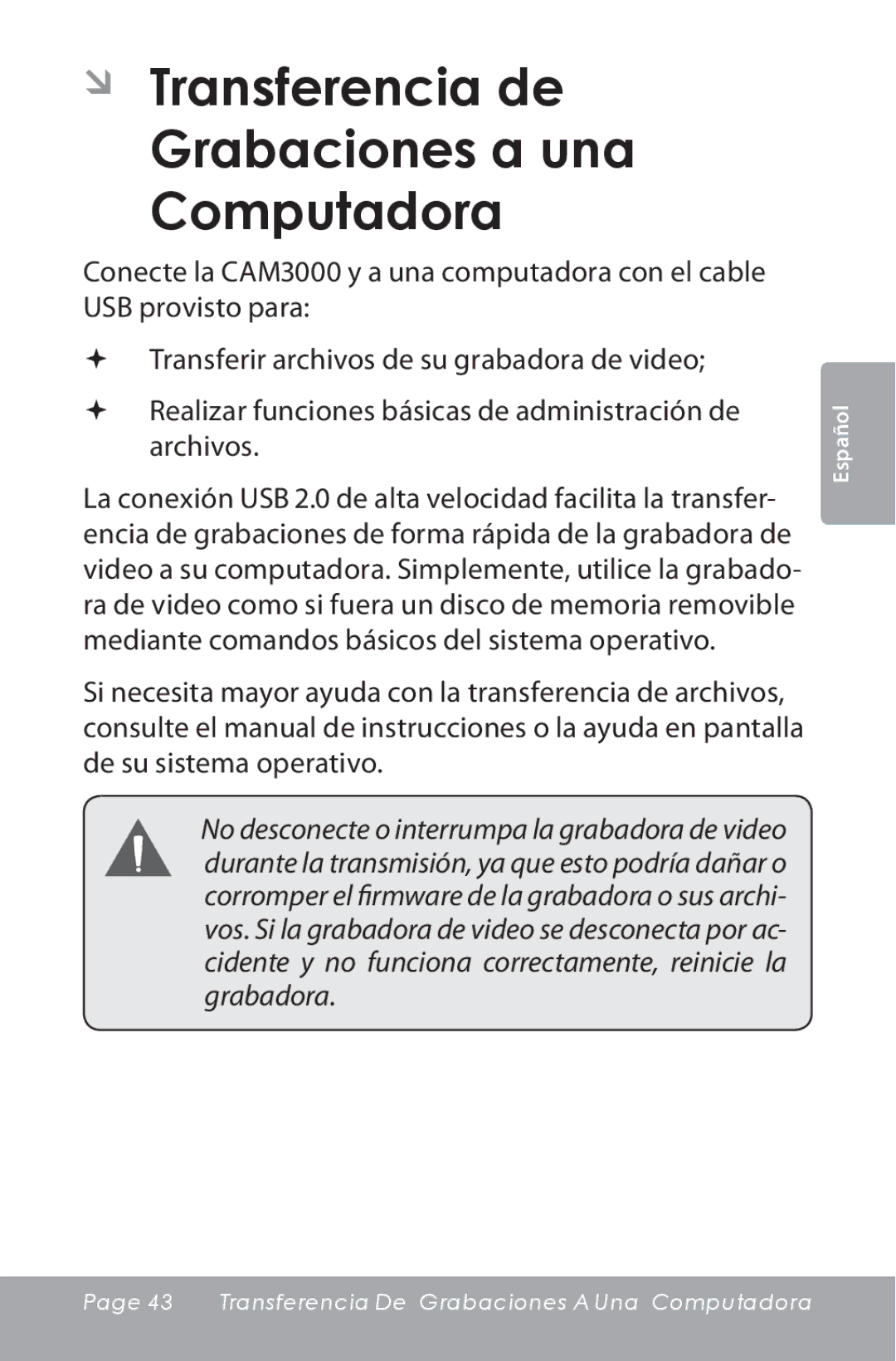 COBY electronic CAM3000 instruction manual ÂÂ Transferencia de Grabaciones a una Computadora 