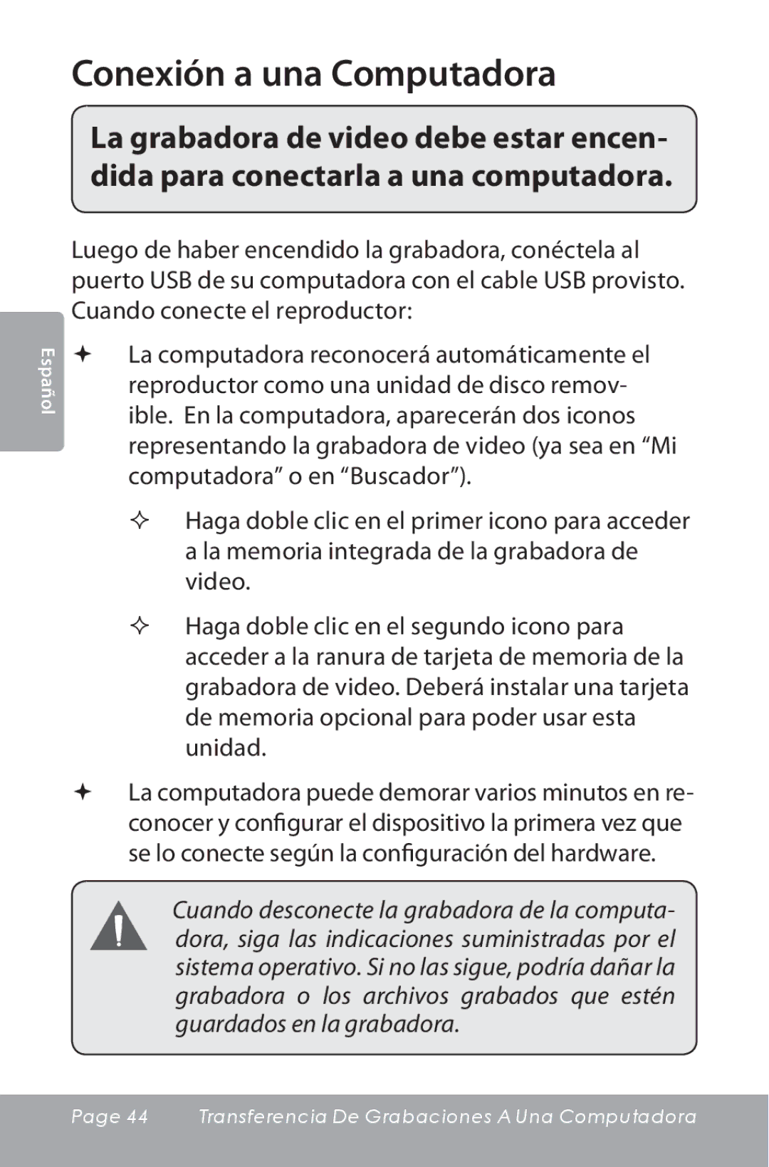 COBY electronic CAM3000 instruction manual Conexión a una Computadora 