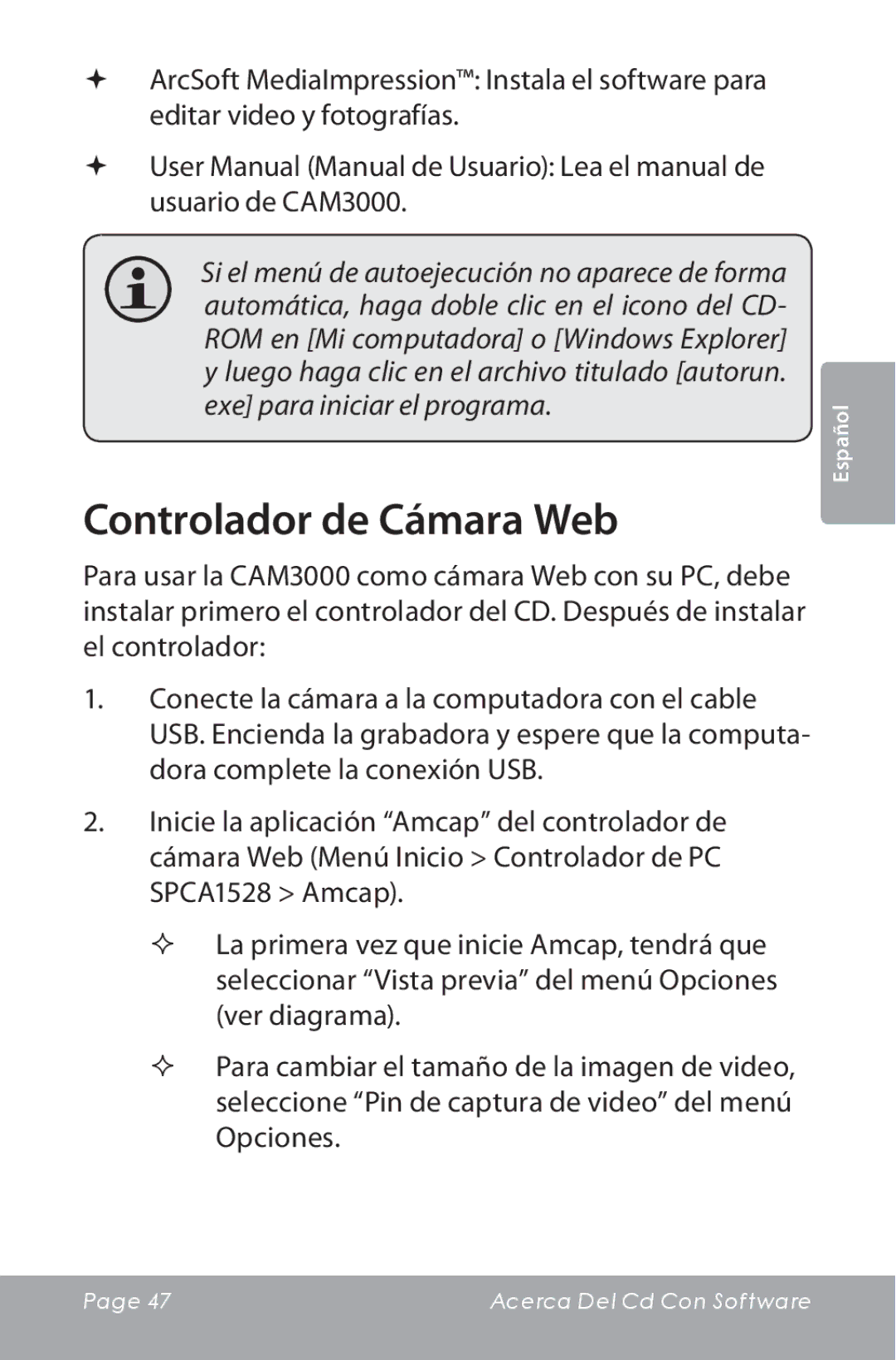 COBY electronic CAM3000 instruction manual Controlador de Cámara Web 