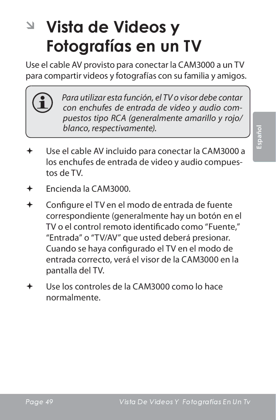 COBY electronic CAM3000 instruction manual ÂÂ Vista de Videos y Fotografías en un TV 