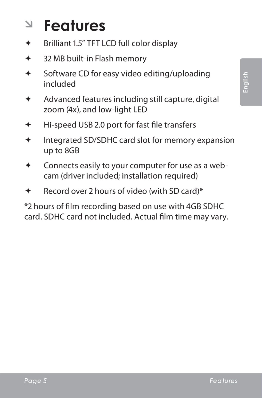 COBY electronic CAM3000 instruction manual ÂÂ Features,  Record over 2 hours of video with SD card 