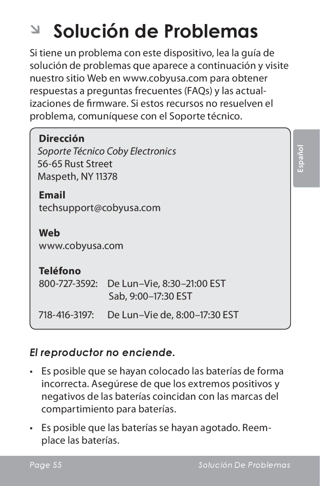 COBY electronic CAM3000 instruction manual ÂÂ Solución de Problemas, El reproductor no enciende 