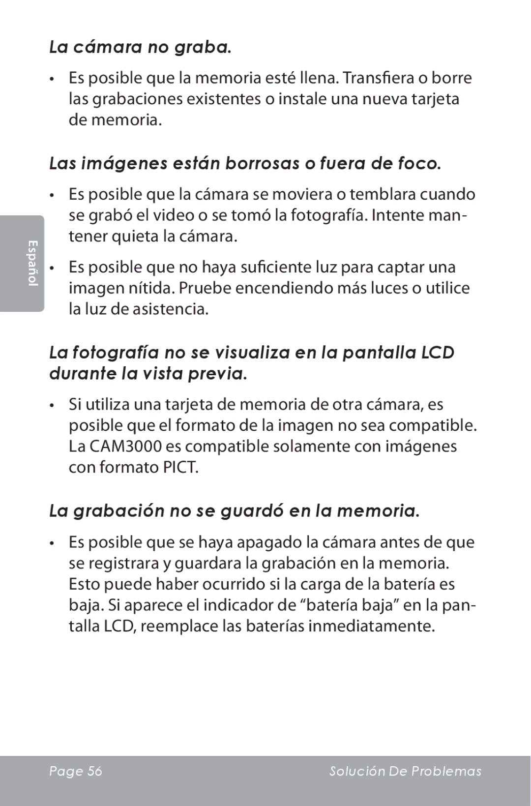 COBY electronic CAM3000 instruction manual La cámara no graba, Las imágenes están borrosas o fuera de foco 