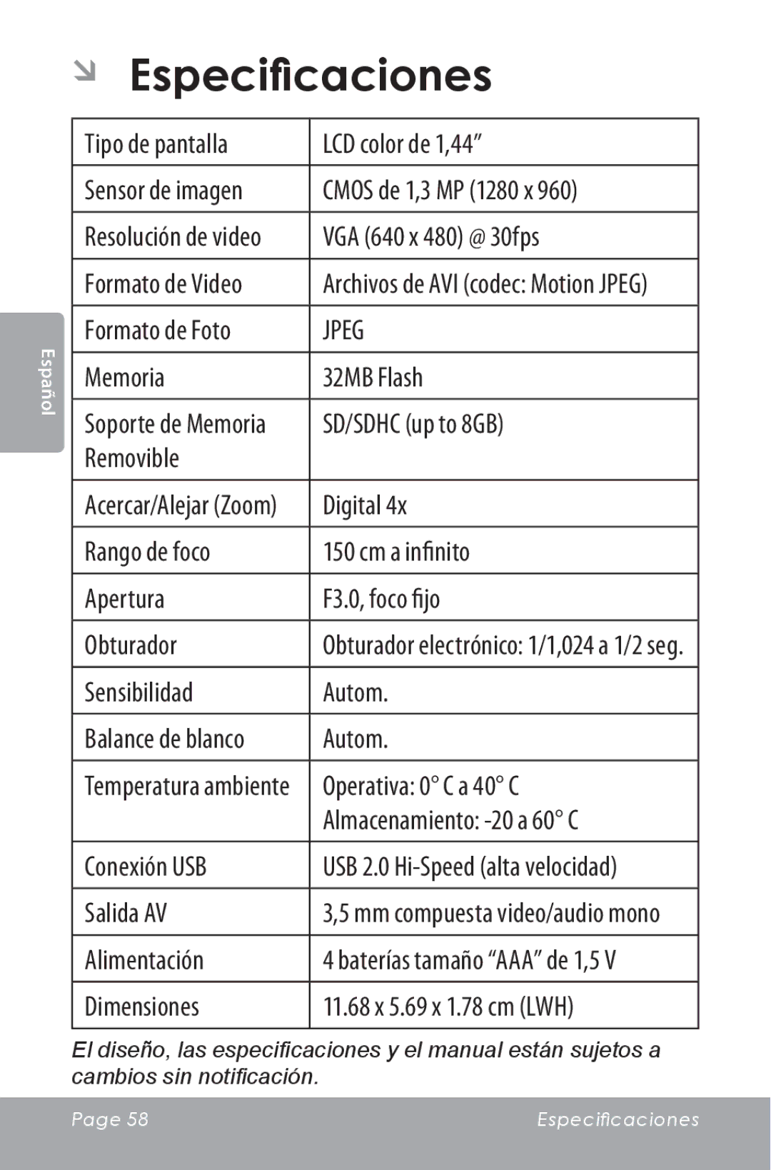 COBY electronic CAM3000 instruction manual ÂÂ Especificaciones, Dimensiones 