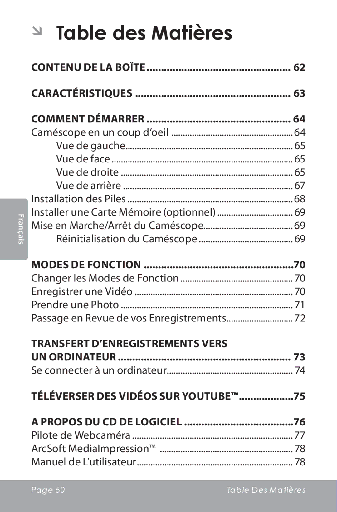 COBY electronic CAM3000 instruction manual ÂÂ Table des Matières, Contenu de la Boîte Caractéristiques Comment Démarrer 