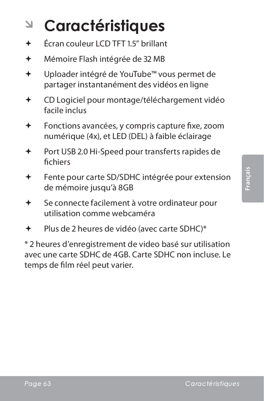 COBY electronic CAM3000 instruction manual ÂÂ Caractéristiques 