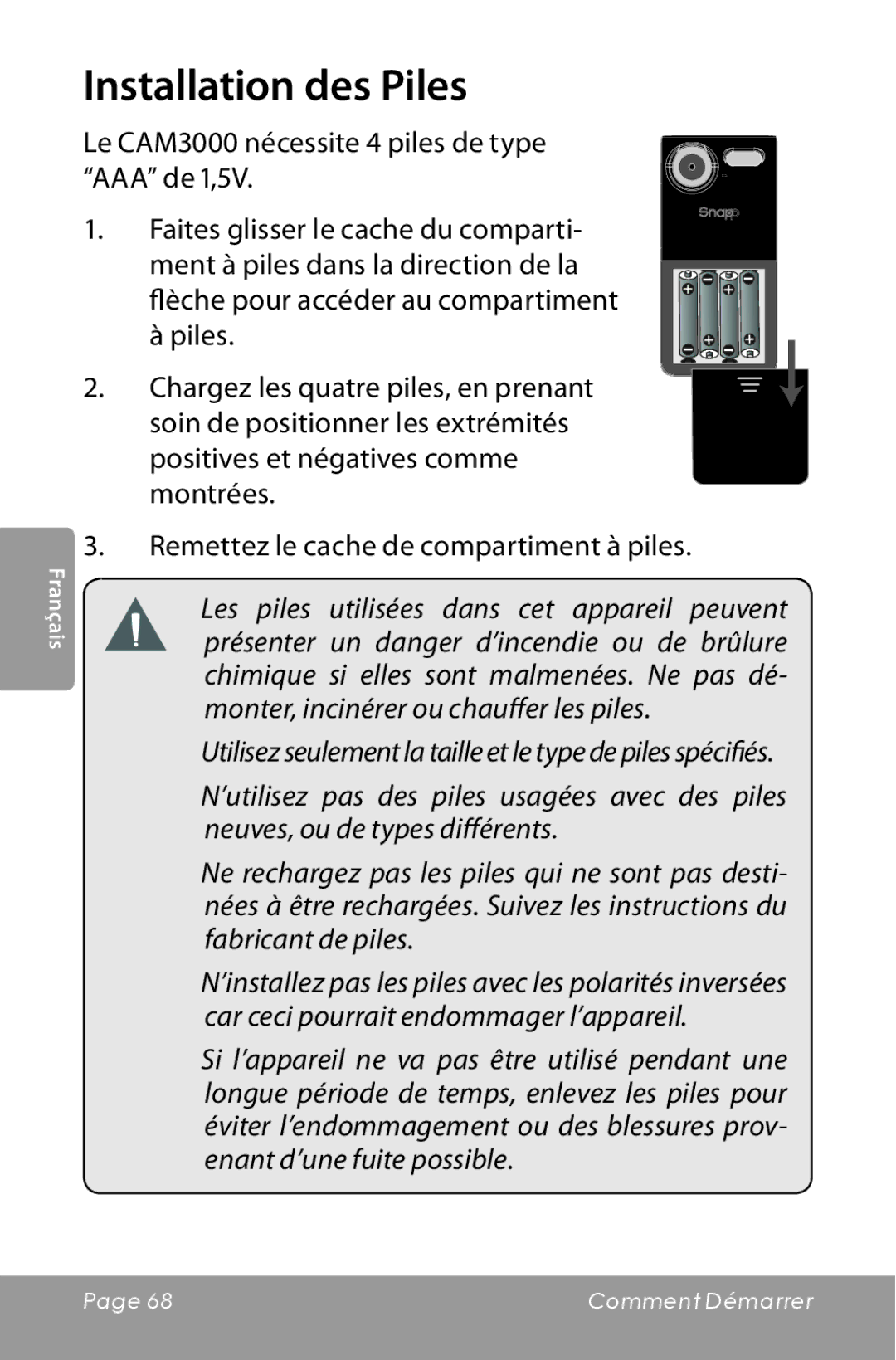 COBY electronic CAM3000 instruction manual Installation des Piles 