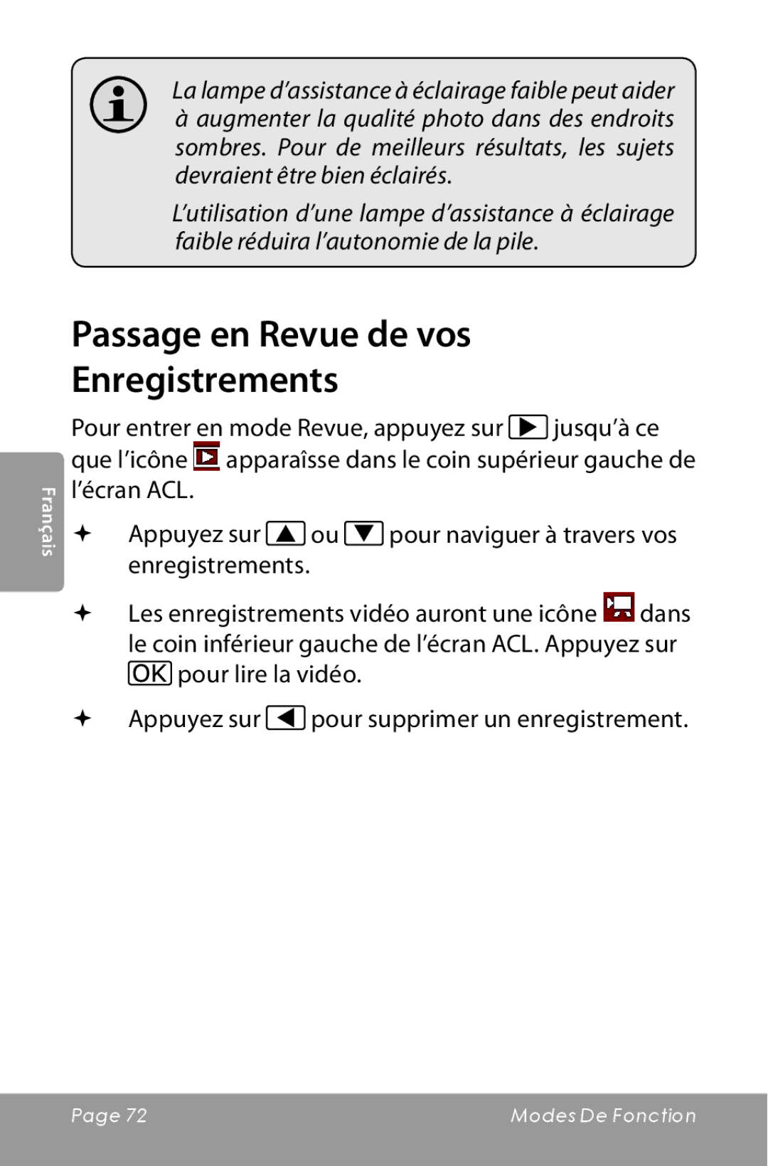 COBY electronic CAM3000 instruction manual Passage en Revue de vos Enregistrements 