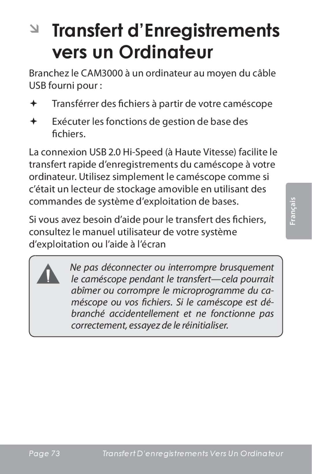 COBY electronic CAM3000 instruction manual ÂÂ Transfert d’Enregistrements vers un Ordinateur 