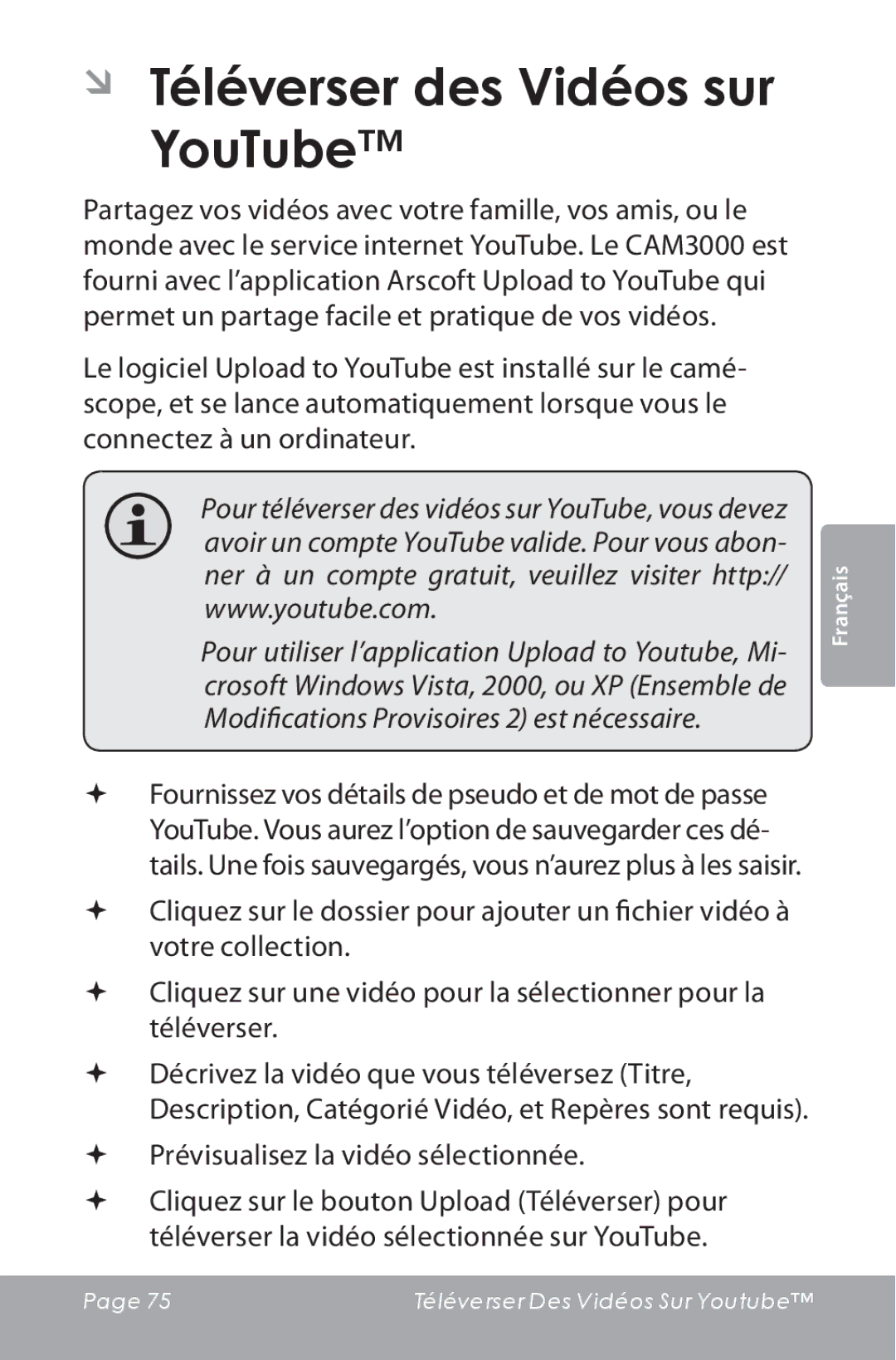 COBY electronic CAM3000 instruction manual ÂÂ Téléverser des Vidéos sur YouTube,  Prévisualisez la vidéo sélectionnée 