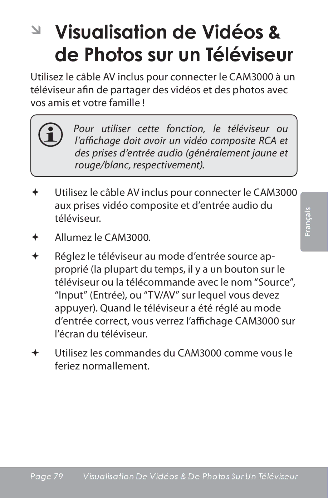 COBY electronic CAM3000 instruction manual ÂÂ Visualisation de Vidéos & de Photos sur un Téléviseur 