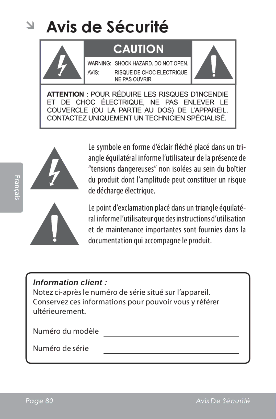 COBY electronic CAM3000 instruction manual ÂÂ Avis de Sécurité, Information client 