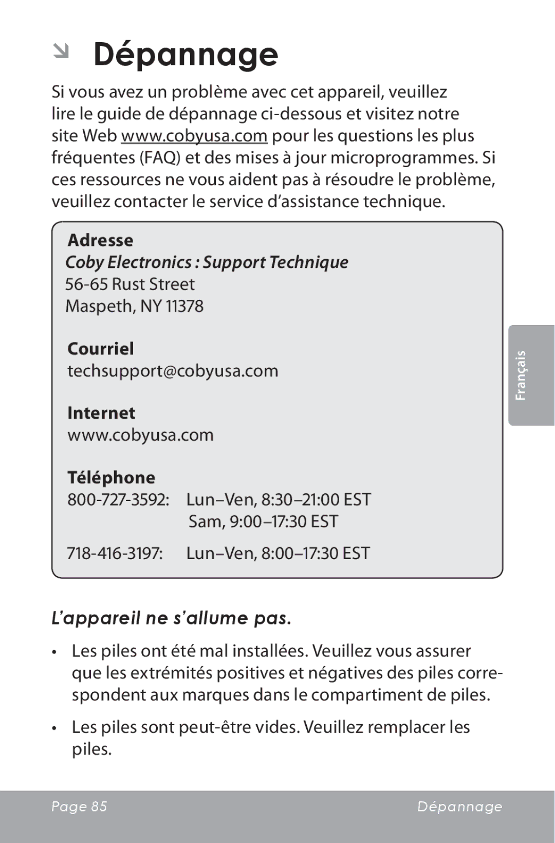 COBY electronic CAM3000 instruction manual ÂÂ Dépannage, ’appareil ne s’allume pas 