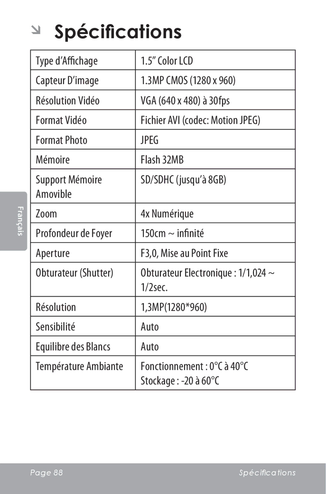 COBY electronic CAM3000 instruction manual ÂÂ Spécifications 