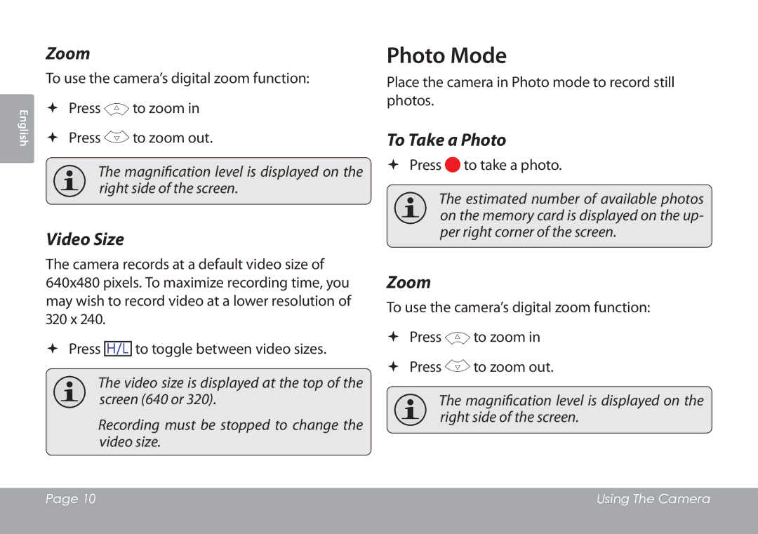 COBY electronic CAM3001 instruction manual Photo Mode, Zoom, Video Size, To Take a Photo 