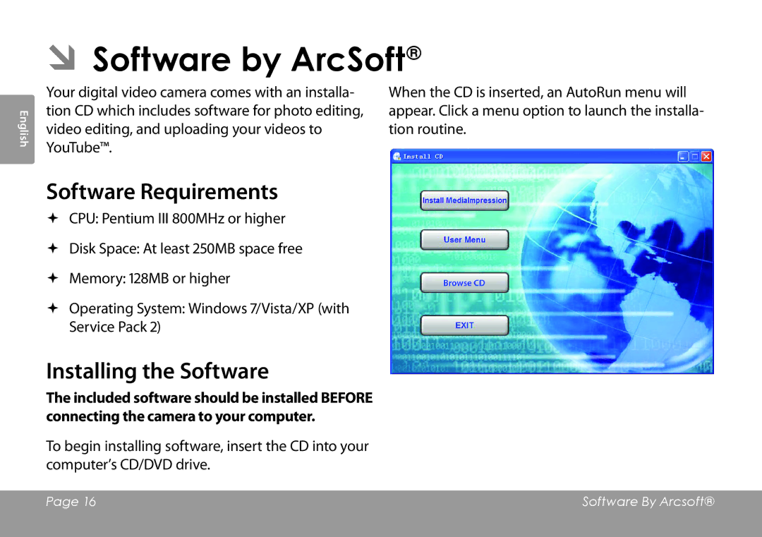 COBY electronic CAM3001 instruction manual ÂÂSoftware by ArcSoft, Software Requirements, Installing the Software 