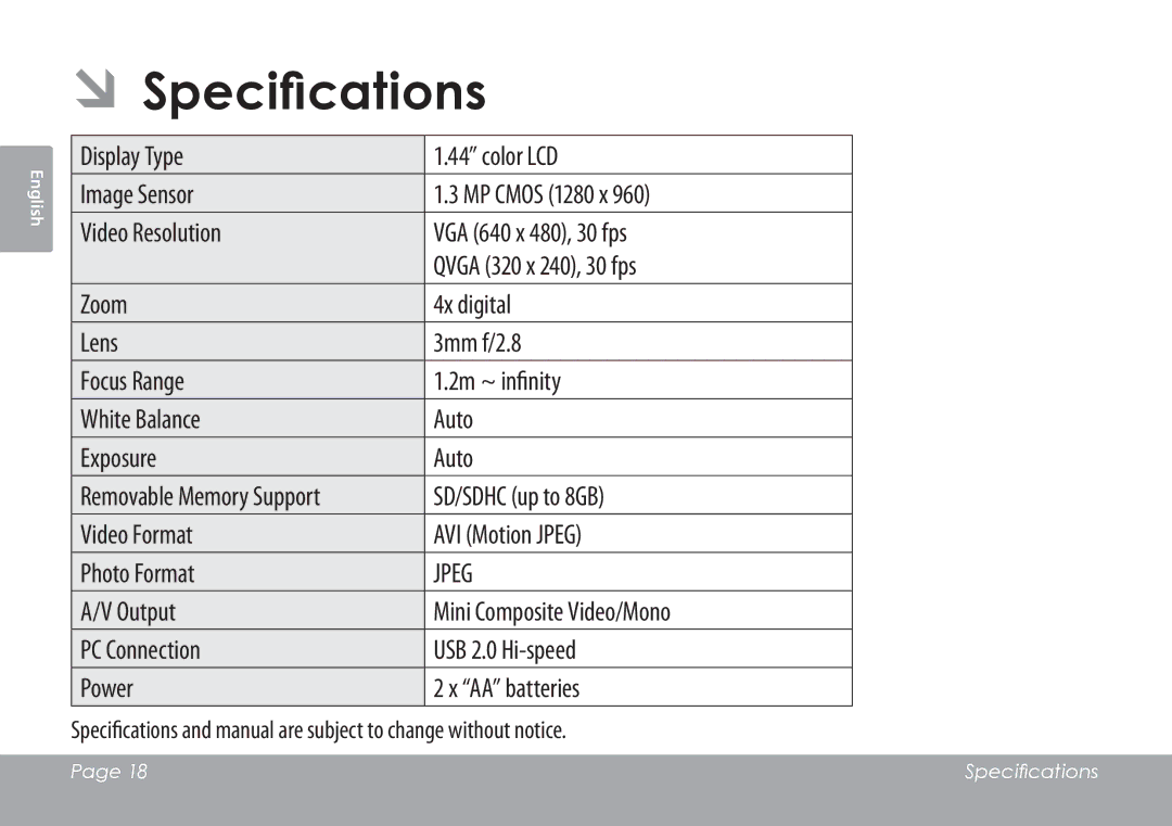 COBY electronic CAM3001 instruction manual ÂÂSpecifications, Jpeg 