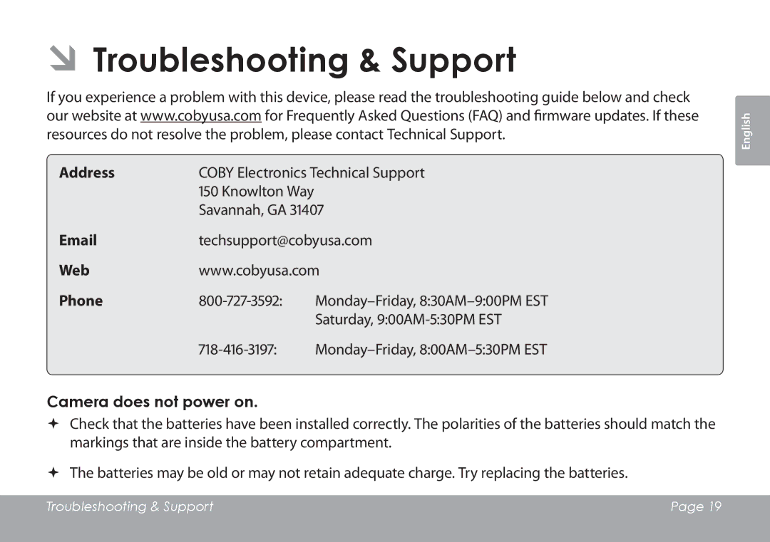 COBY electronic CAM3001 instruction manual ÂÂTroubleshooting & Support, Camera does not power on 