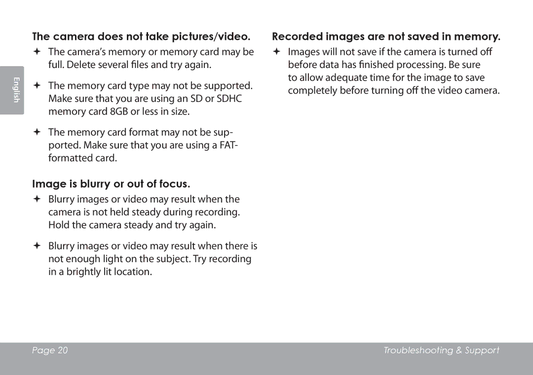 COBY electronic CAM3001 instruction manual Camera does not take pictures/video, Image is blurry or out of focus 