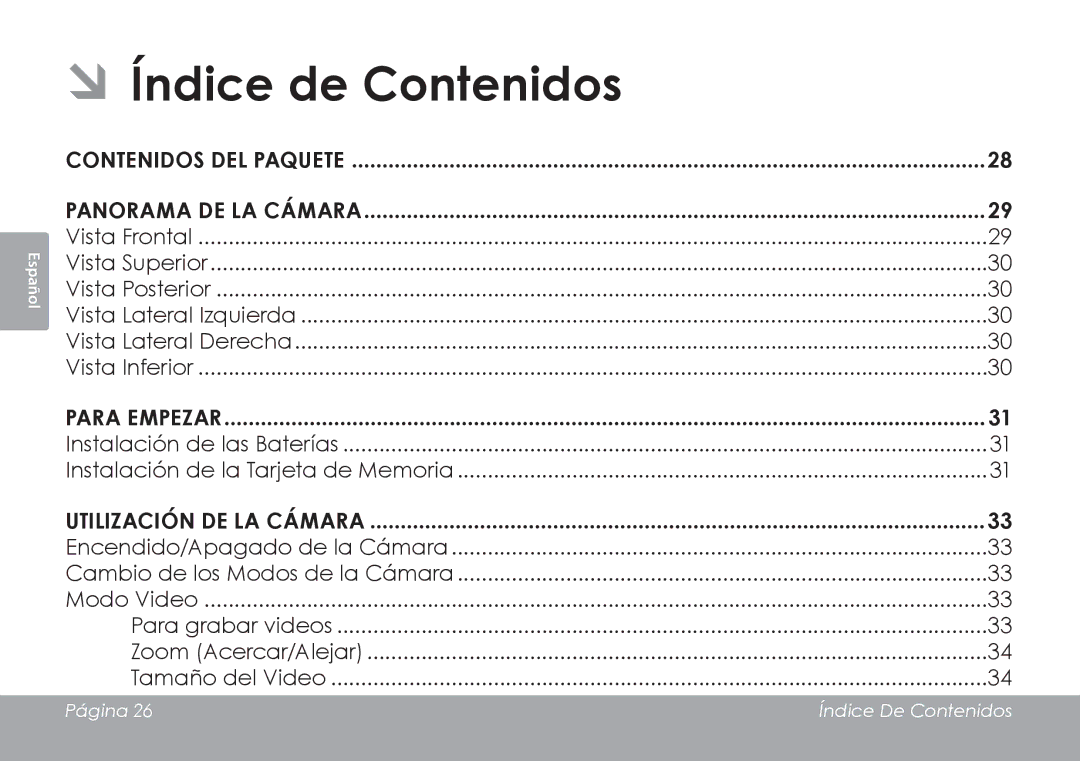 COBY electronic CAM3001 ÂÂÍndice de Contenidos, Contenidos del Paquete Panorama de la Cámara, Para Empezar 