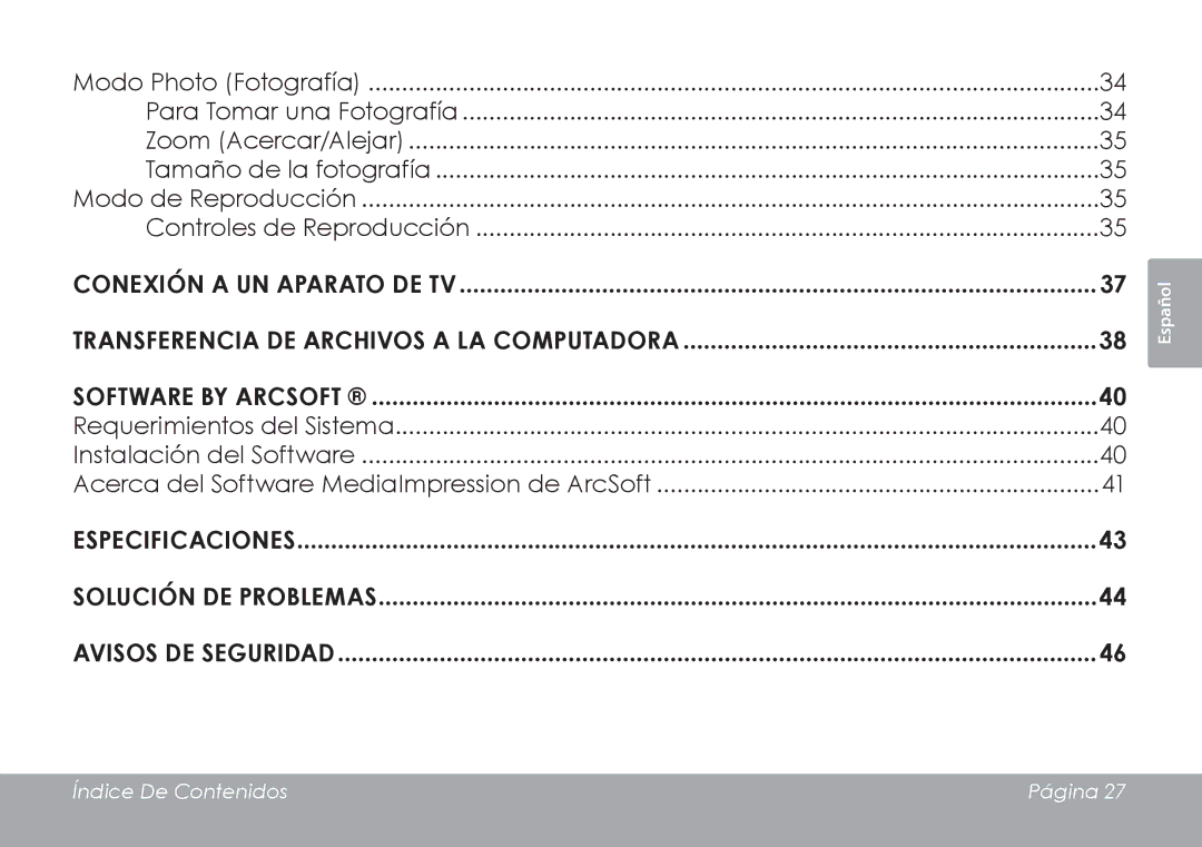 COBY electronic CAM3001 instruction manual Especificaciones Solución de Problemas Avisos de Seguridad 