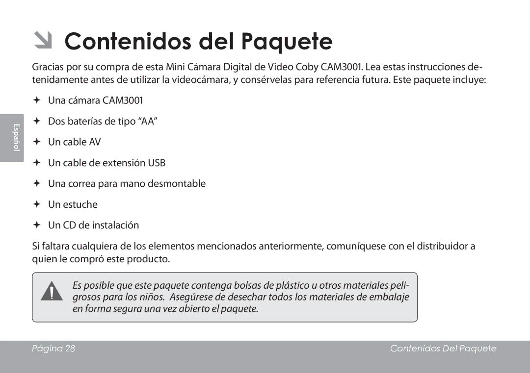 COBY electronic CAM3001 instruction manual ÂÂContenidos del Paquete 