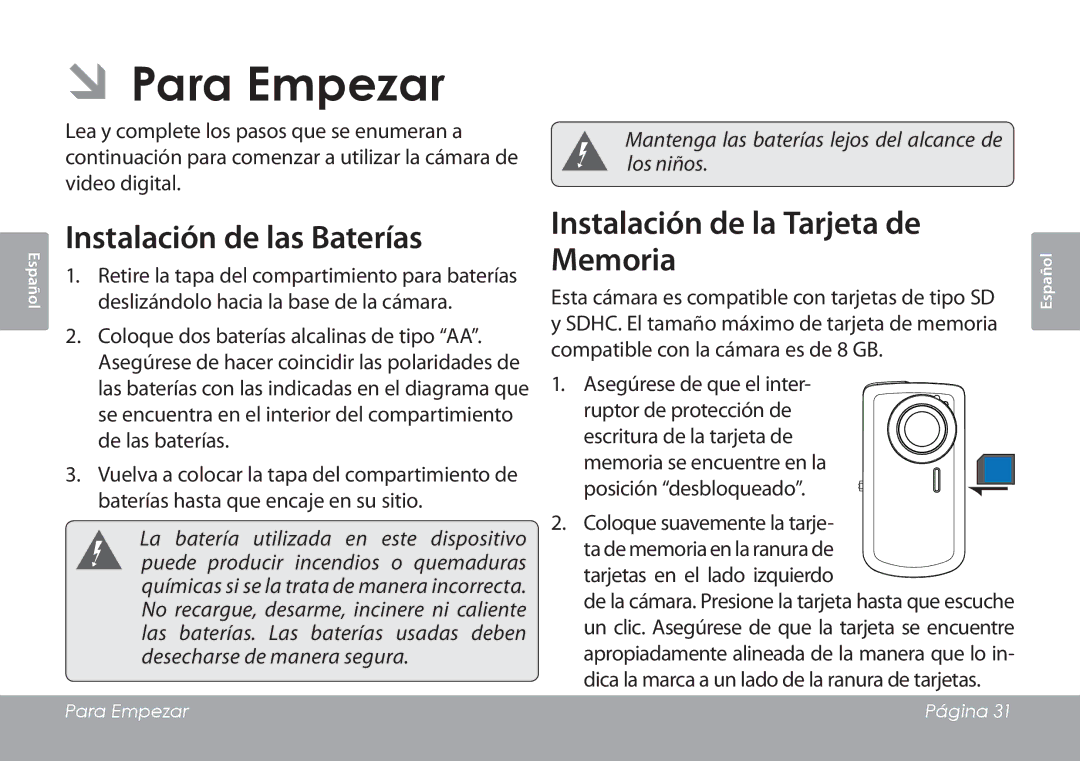 COBY electronic CAM3001 ÂÂPara Empezar, Instalación de las Baterías, Instalación de la Tarjeta de Memoria 